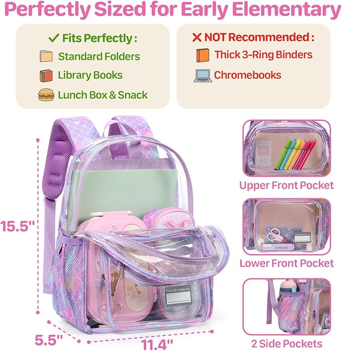 Bagseri Clear Backpack for Girls - 15 Inch Heavy Duty Kids Clear Bookbag for Kindergarten to Grade 2, Transparent School Bag with Reflective Strip, Fits Folders, Purple Mermaid