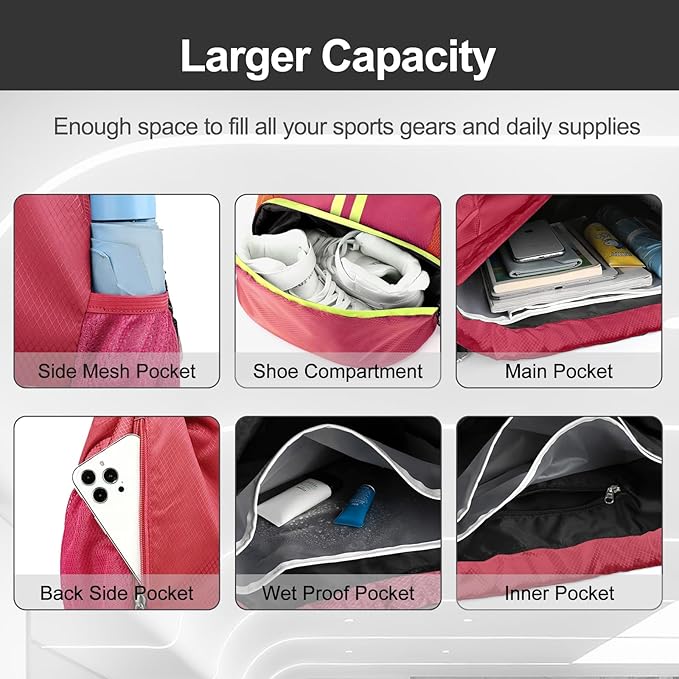 Hoedia Sports Drawstring Backpack - String Swim Gym Bag with Shoes Compartment and Wet Proof Pocket for Women/Men (Pink)