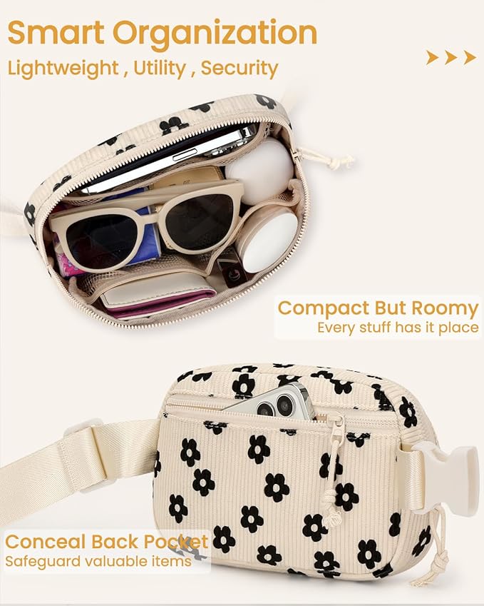 Vankor Corduroy Cute Fanny Packs for Women Cross Body, Everywhere Belt Bag for Women Crossbody Stylish Waist Pack Purse for Travel, Hiking, Workout, Running, Corduroy Black Flower