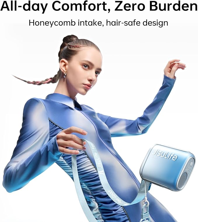 JISULIFE Portable Neck Fan, 100-Speed Adjustable 40000 RPM Personal Mini Necklace Wearable Belt Fan, 16H Rechargeable Battery 4500mAh with LED Display for Outdoor, Travel, Camping,Gifts- Blue