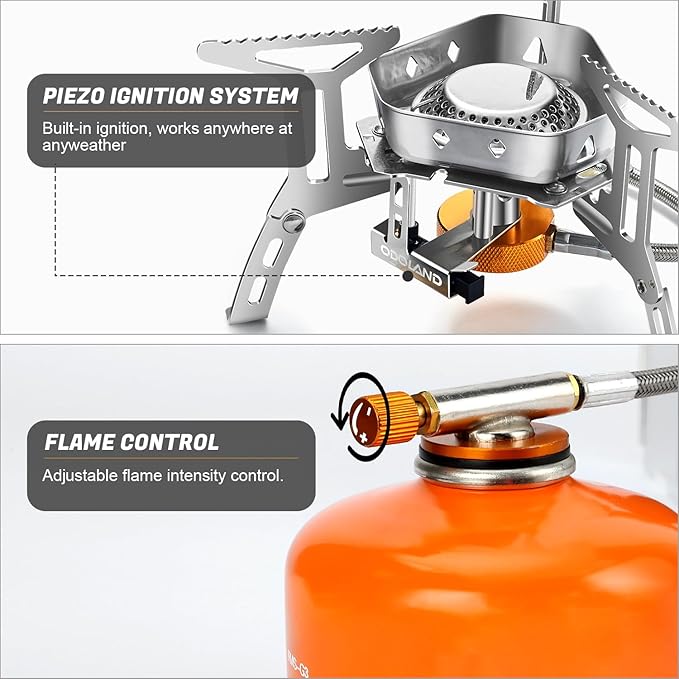 Odoland 3500W/6800W Windproof Camp Stove Camping Gas Stove with Fuel Canister Adapter, Piezo Ignition, Carry Case, Portable Collapsible Stove Burner for Outdoor Backpacking Hiking and Picnic