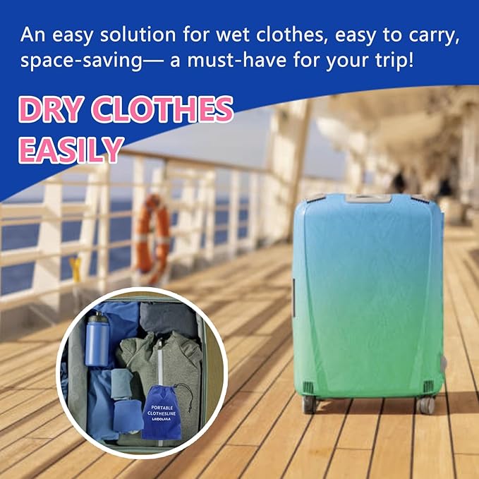 Slim Version Magnetic Retractable Clothes Line for Cruise Ship Approved 2025 2026 Travel Essentials with Clothespins 4 Cruise Luggage Tags - Strong Magnets Hooks