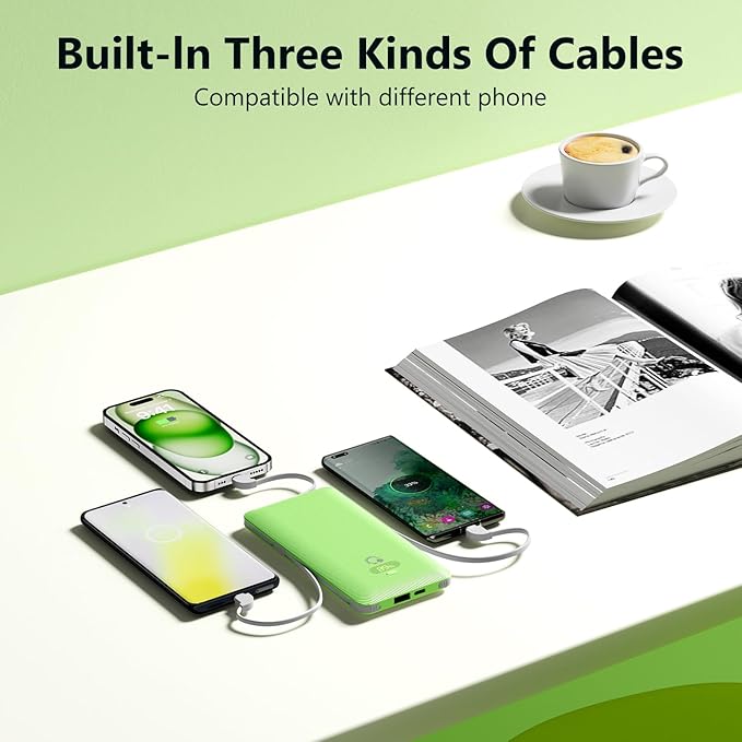 10000mAh Portable Charger with Built-in Cables and AC Wall Plug, USB C Fast Charging Power Bank with 3 Cords,5 Output External Battery Pack Compatible with iPhone,Tablet and All Smart Phones Green