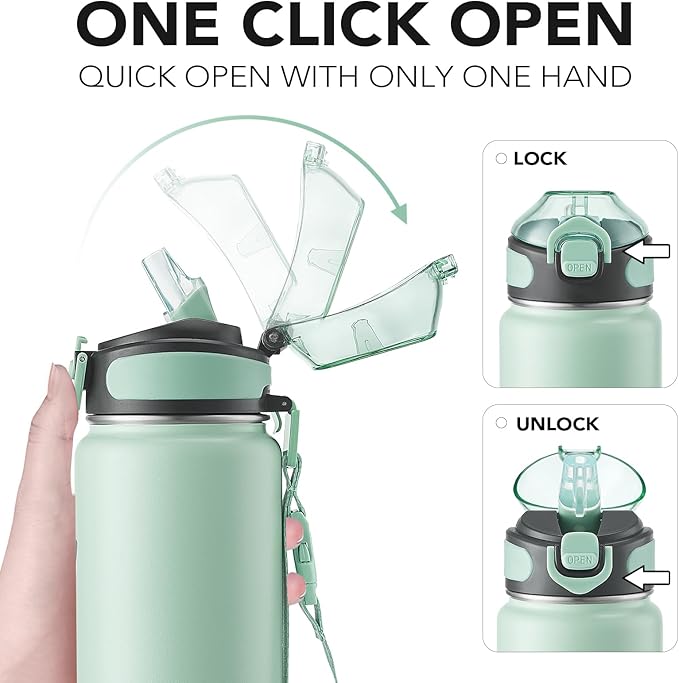 Enerbone 32 oz Insulated Water Bottle, Stainless Steel Bottle with Carrying Strap, Double-Wall Vacuum Insulation Design, Leakproof Sports Bottle with Straw, Keep Drinks Cold or Hot for Hours