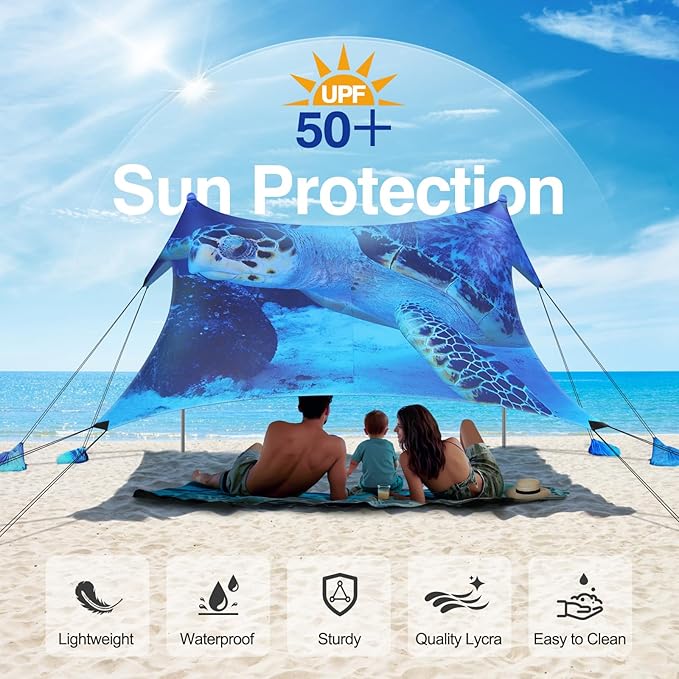 Rhino Valley Beach Tent Shade Canopy UPF50+ Protection, 8 Sandbags, 4 Stability Poles, Outdoor Sun Shelter Umbrella for Sand, Camping, Fishing Essentials