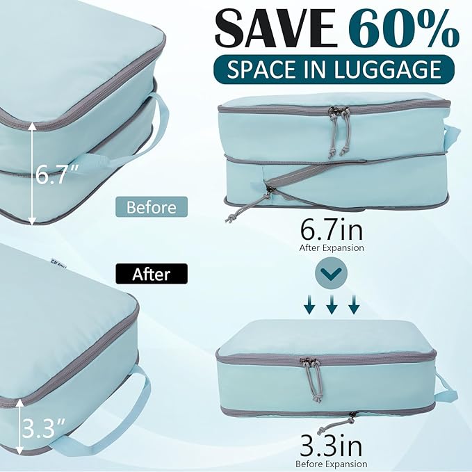 Large Compression Packing Cubes for Travel, 2 Set Compression Bags Travel Cubes for Packing Suitcase Luggage Organizer, Blue