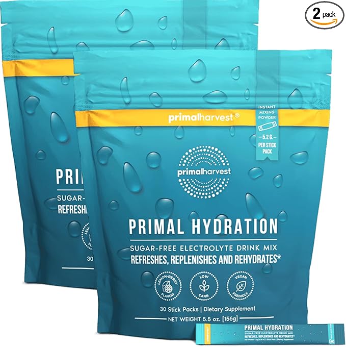 Primal Harvest Electrolytes Powder Packets Primal Hydration, Easy Open Packets, Energy Drink Mix 2 Pack Bundle (Lemon Berry, 60 Packs)