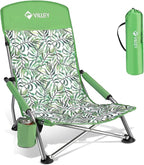 VILLEY Low Beach Chair, High Back Folding Beach Chair for Adults, Lightweight and Portable for Outdoor, Beach, Camping, Lawn, Music Festival, with Cup Holder and Carry Bag-Green Tropical Leaves