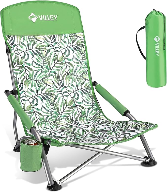 VILLEY Low Beach Chair, High Back Folding Beach Chair for Adults, Lightweight and Portable for Outdoor, Beach, Camping, Lawn, Music Festival, with Cup Holder and Carry Bag-Green Tropical Leaves