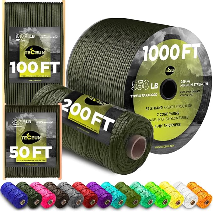 TECEUM 5/32" Paracord Rope 1000 – 1000ft / 200ft / 100ft / 50ft – Tactical Parachute Cord 4mm – 45+ Colors – Nylon String for Survival & Camping Gear – Stripe Cord for Survival – Utility Rope