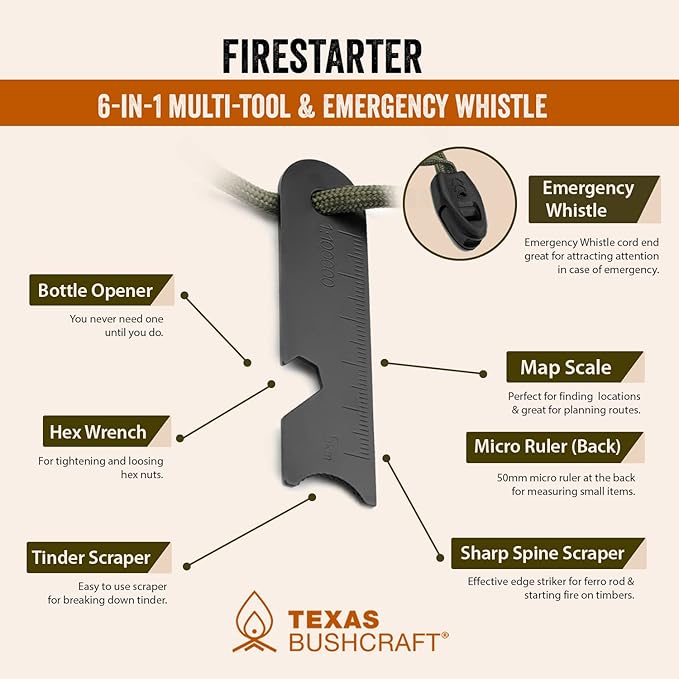 Texas Bushcraft Fire Starter Survival Kit - Ferro Rod Flint Fire Steel, Striker Tool | Cowhide Leather Tinder Bag | Emergency Paracord Bracelet Camping Gear