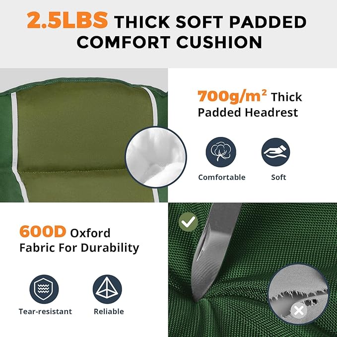 Oversized Camping Chair for Large Adults Heavy Duty 400 lbs Capacity, Comfortable Padded Folding Lawn Chair with Back & Headrest Support and Cup Holder, Portable Outdoor Chair with Carry Bag