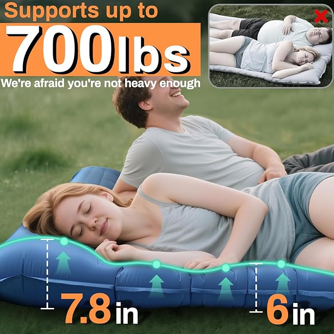Double Sleeping Pad for Camping, Extra Thick 6 Inch Sleeping Mat Camping for 2 Person Self Inflating Camping Pad with Built-in Pillow & Foot Pump Inflatable Camping Mat for Backpacking Hiking Tents