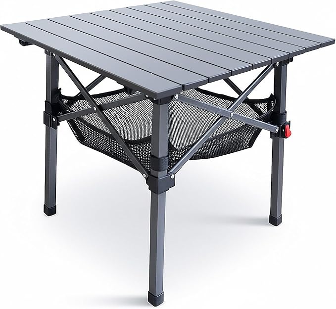 Folding Camping Table, Portable Lightweight Beach Tables for Sand Foldable, Aluminum Roll-up Folding Square Table for Outdoor Camping, Picnic, Card, Travel (Black with Storage Basket)
