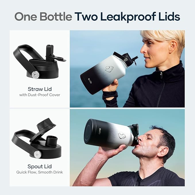 BUZIO 64oz Insulated Water Bottle with Straw Lid and Flex Cap, Stainless Steel Powder-Coat Water Flask, Keep Beverage Cold for 48 Hrs Hot for 24 Hrs Simple Thermo Canteen Mug, White and Black