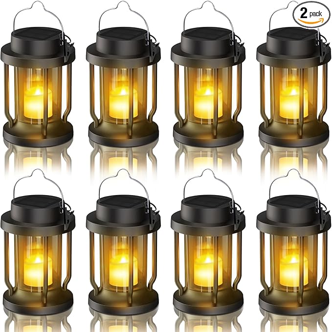 Solar Lantern Outdoor & Indoor Use – Hanging Solar Lights with Realistic Flickering Flameless Candle, Weatherproof for Gardens, Patios, Trees, and Lawns (Black, 8 Pack)