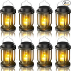Solar Lantern Outdoor & Indoor Use – Hanging Solar Lights with Realistic Flickering Flameless Candle, Weatherproof for Gardens, Patios, Trees, and Lawns (Black, 8 Pack)