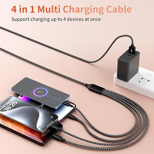 Multi Charging Cable,Dual Type-C Multiple Charger Cable Nylon Braided 4 in 1 Multi USB Cable Charging Cord with IP/Type C/Micro USB Ports for Cell Phones/iPhone/Tablets/Galaxy & More-1Pack 5Ft