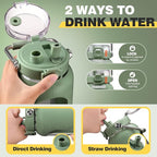 BLUEGO 64oz Water Bottle Glass with Stainless Steel Handle Large Water Bottle with Time Markers and Silicone Sleeve Half Gallon Water Jug BPA Free for Gym Daily Use, Olive