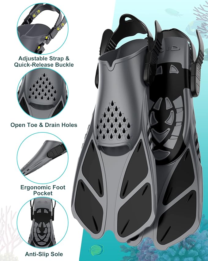 Mask Fins Snorkeling Gear for Adults, Full Face Snorkel Mask & Adjustable Swim Fins Snorkel Set, Panoramic View Snorkel Mask Dry Top Anti-Fog Anti-Leak