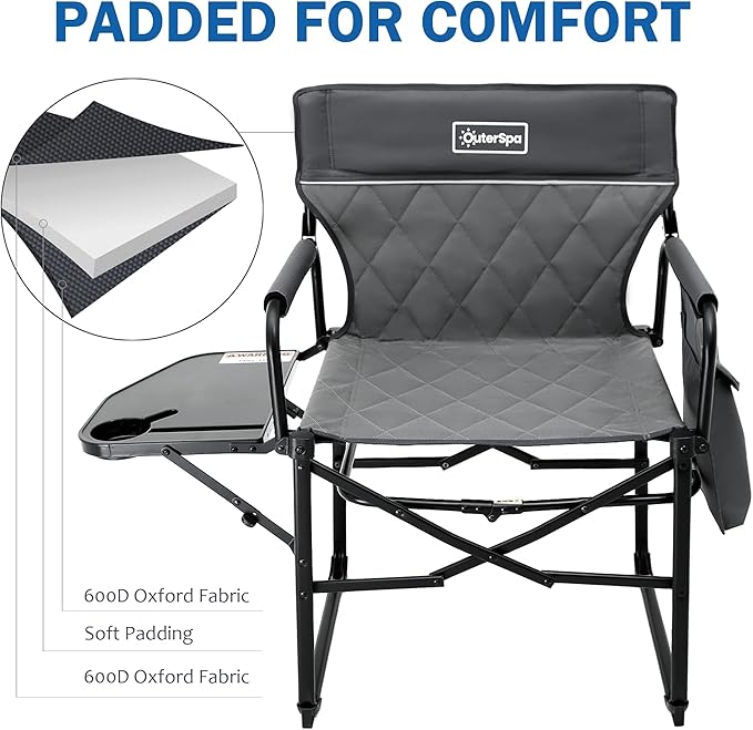 Oversized Directors Chairs Heavy Duty Folding Outdoor Chairs with Detachable Side Pocket and Adjustable Side Table for Outside,Lawn,Fishing, Folding Camping Chair up to 350Lbs Capacity (Grey)