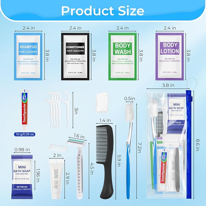 Personal Hygiene Kit Bulk Pack of 5,Individually Wrapped 13-IN-1 Blue Disposable Basic Travel Toiletry Set Homeless Care Package Supplies for Men,Women,Guests,Charity