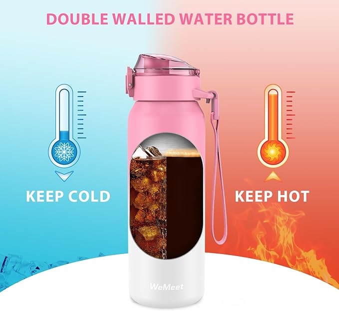 32oz Water Bottle with Removable Straw and Spout Lid Two Ways to Drink, 18/10 Stainless Steel Insulated Water Bottle, BPA-Free, Leak Proof, Double wall, for Sports, Gym