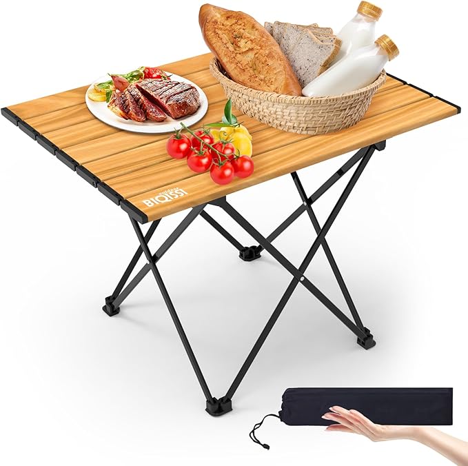 Portable Camping Table, Compact Camping Side Table with Carrying Bag, Ultralight Aluminum Beach Table Folding for Hiking, Camping, Picnicking, BBQ, Outdoor Cooking (Wood Medium 22")