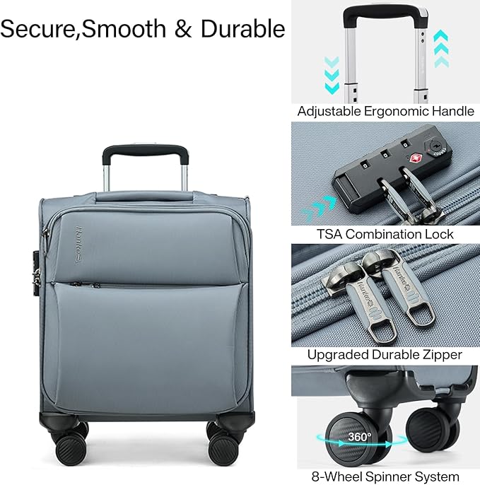 Hanke 16 Inch Underseat Carry On Luggage with Spinner Wheels for Airline, Small Softside TSA Approved Luggage Lightweight Rolling Suitcases Under Seat Travel Carry-On Bag(Grey)