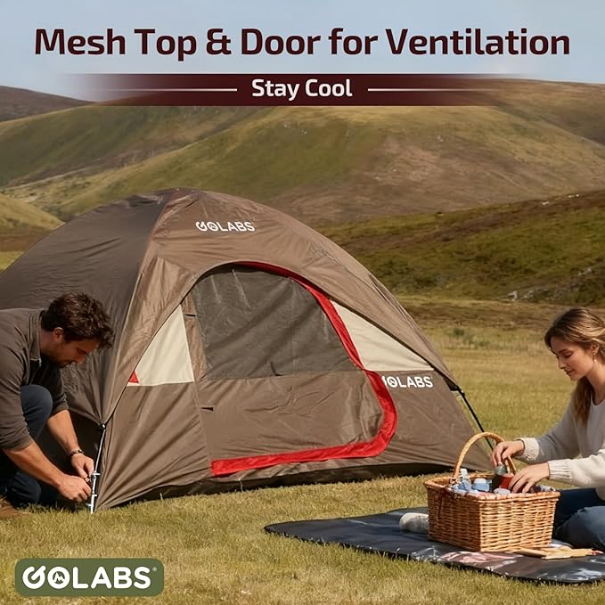 Golabs CT1 2 Person Camping Tent, Easy Set Up in 3 Mins, PU1500mm Waterproof w/Mesh Top & Door with Ventilation, Lightweight 4.4lbs Portable Family Tent with Carry Bag &Interior Storage Pockets &Hook