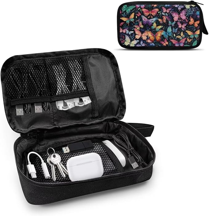 Colorful Butterfly Print Electronic Organizer Pouch Bag, Travel Cable Organizer Bag Multifunctional Case for Cable, Cord, Charger, Hard Drive, Earphone