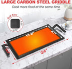Carbon Steel Griddle Comes with Grill Press, Double Burner Griddle for Gas Stove, Electric Range, Outdoor Gas Grill, Induction, and Oven, Pre-seasoned Nitride Coating Compatible with Made in