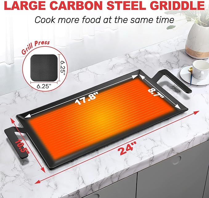 Carbon Steel Griddle Comes with Grill Press, Double Burner Griddle for Gas Stove, Electric Range, Outdoor Gas Grill, Induction, and Oven, Pre-seasoned Nitride Coating Compatible with Made in