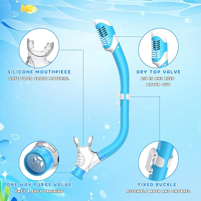 Snorkeling Gear for Kids, Kids Snorkel Set for Ages 6-14, Dry Top Snorkel, Mask Set Kid Swimming Goggles Diving Mask Combo Set Anti-Fog Panoramic View Scuba Packages