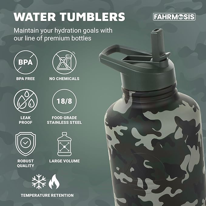 64 Oz Insulated Water Bottle with Strap Stainless Steel Sports Water Bottle with 3 Lids (Straw, Chug and Flip Lid) Leak Proof Metal Half Gallon Jug for Men & Women - Camo