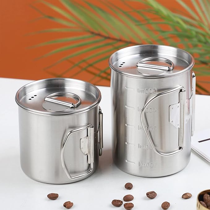 Stainless Steel Camping Cup, 17oz Fireproof Metal Cup with Lid and Foldable Handle, High Temperature Direct Heating, Great for Backpacking