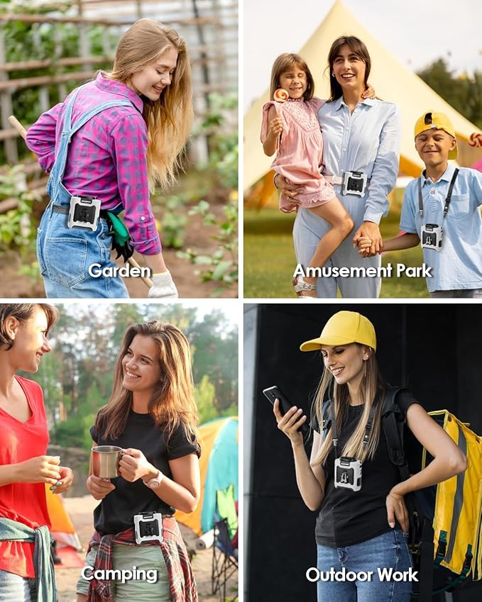 Portable Waist Fan Clip on, Personal Wearable Belt Fan 10000mAh Rechargeable Battery Under Shirt,5 Speeds with light, Neck Fan Hands-Free Cooling For Outdoor Camping Travel (White)