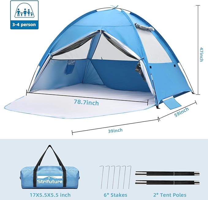 Beach Tent Sun Shelter for 4/5 Person - UPF 50+ UV Protection Portable Beach Shade Sun Canopy, Waterproof & Lightweight, Easy Setup Beach Tent for Family Beach Trips, Picnics, Camping
