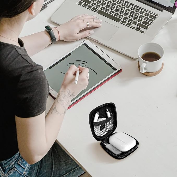 Square + Round Earbud Case Portable EVA Carrying Case Storage Bag Cell Phone Accessories Organizer with Carabiner for Earphone, Earbud, Earpieces, SD Memory Card, Camera Chips,Black