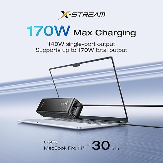 EF ECOFLOW Rapid Power Bank 25,000mAh, 170W Portable Charger with Dual 140W USB-C Ports for Multi-Device Charging, Smart TFT Screen, Compatible with iPhone Series, Samsung, Laptop and More (Black)