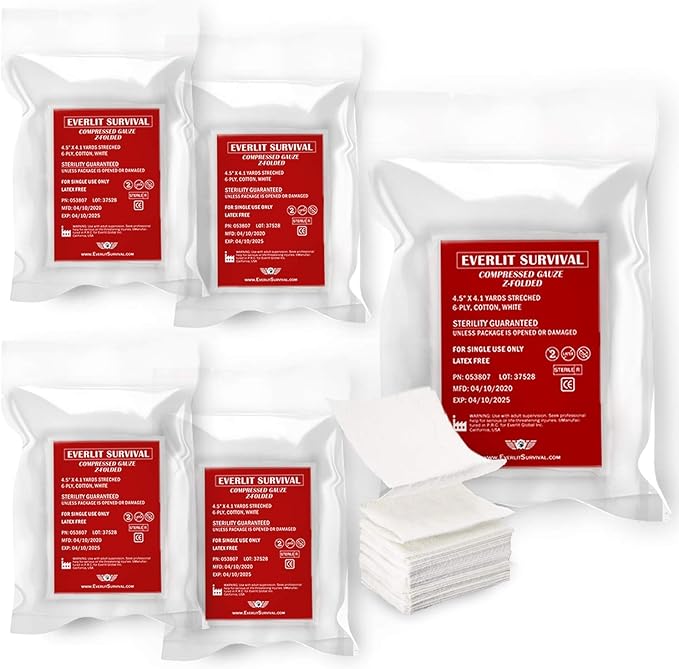 Everlit [5 Pack] Z-Folded Compressed Sterile Gauze 4.5" x 4.1 Yards, 6-Ply White Cotton, Essential First Aid and Stop The Bleed Kit Supply for Home, Medical, and Tactical Emergency Use (5)