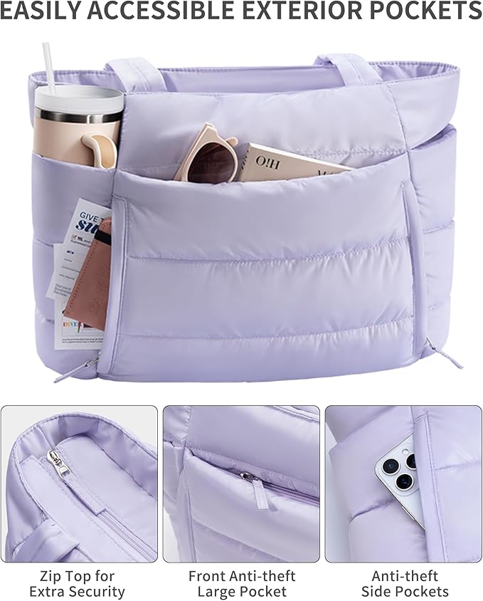 Puffer Tote Bag for Women, Lightweight Puffy Work Handbag Teacher Nurse Quilted Shoulder Bag for School Travel Gym