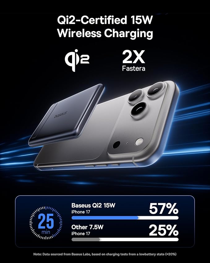 Baseus Picogo Power Bank, Smallest Qi2 Certified 15W MagSafe Portable Charger, 0.5" Ultra Slim 5000mAh Magnetic Battery Pack with Stand, Alloy Wireless Charger for iPhone 17 Pro Max/17 Air/16 Series