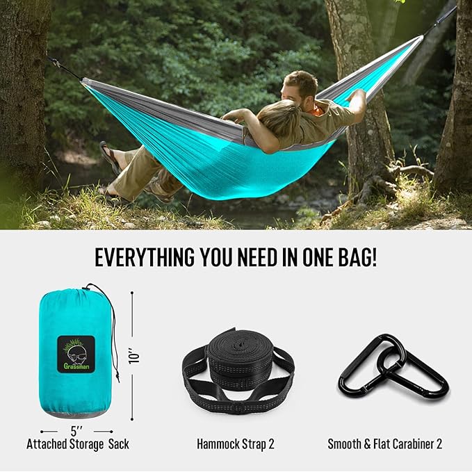 Grassman Camping Hammock Double & Single Portable Hammock with Tree Straps, Lightweight Nylon Parachute Hammocks Camping Accessories Gear for Indoor Outdoor Backpacking, Travel, Hiking, Beach