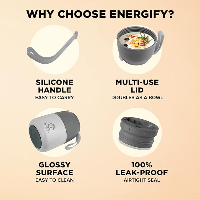 Energify Vacuum Insulated 12oz Titan Gray Thermos with Folding Spoon and Carry Case, BPA-Free, Meal Holder