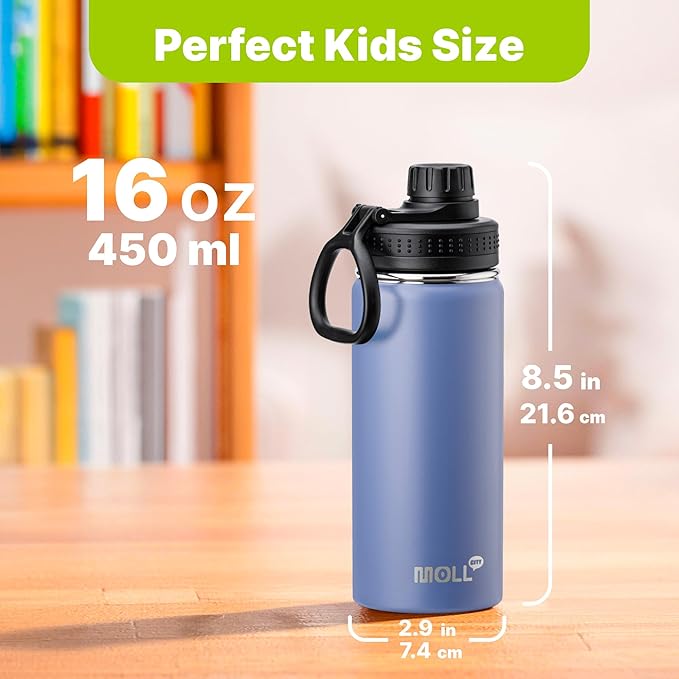 Kids Insulated Water Bottle-16 oz Stainless Steel Vacuum Wide Mouth Sports Flask with Silicone Boot-Reusable Metal Leak Proof Travel Water Bottle for Girls Boys, BPA-Free(Royal Blue)