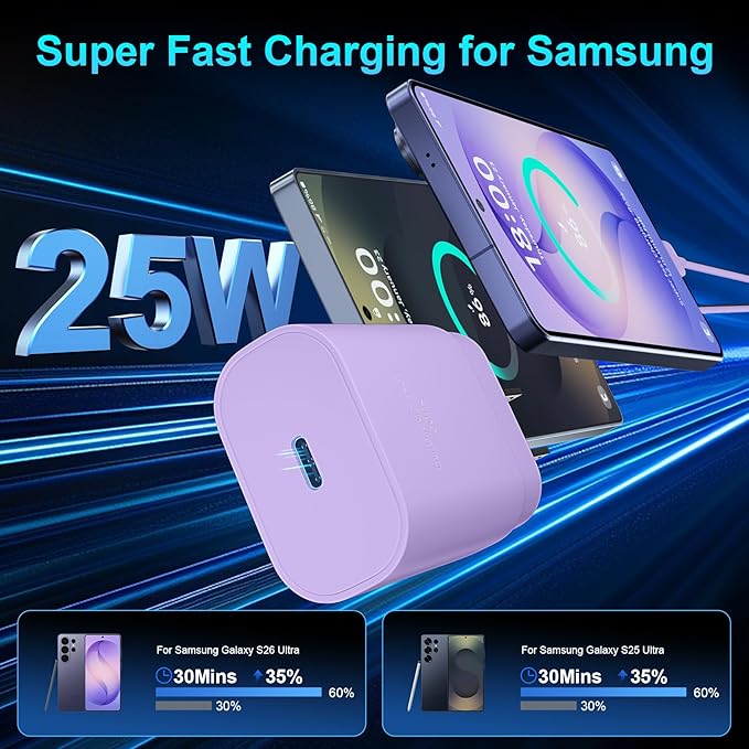 Super Fast Charger Type C, 25W USB C Wall Charger Fast Charging for Samsung Galaxy S26 Ultra/S26/S26+/S25 Ultra/S25/24 Ultra/S24/S23 Ultra/S22 Ultra with 10FT Long Android Type C Charger Cable 2Pack