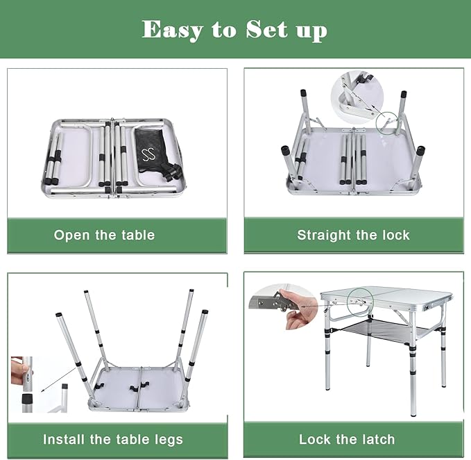 Small Folding Camping Table, 2ft Portable Picnic Table Aluminum 24" x 16" Folding Table, 3 Adjustable Heights Portable Lightweight Table Dining Table for RV, Picnic, Beach (White)