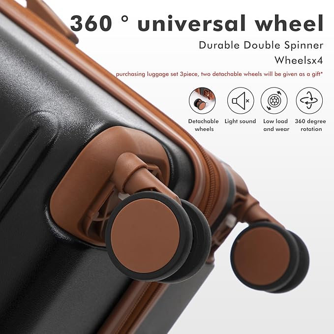 luggage sets 3 Piece with Spinner Wheel,100% PC Material Lightweight Durable,Expandable Carry On Travel Hardside Suitcase sets with TSA Lock for Men and Women (Black+brown)
