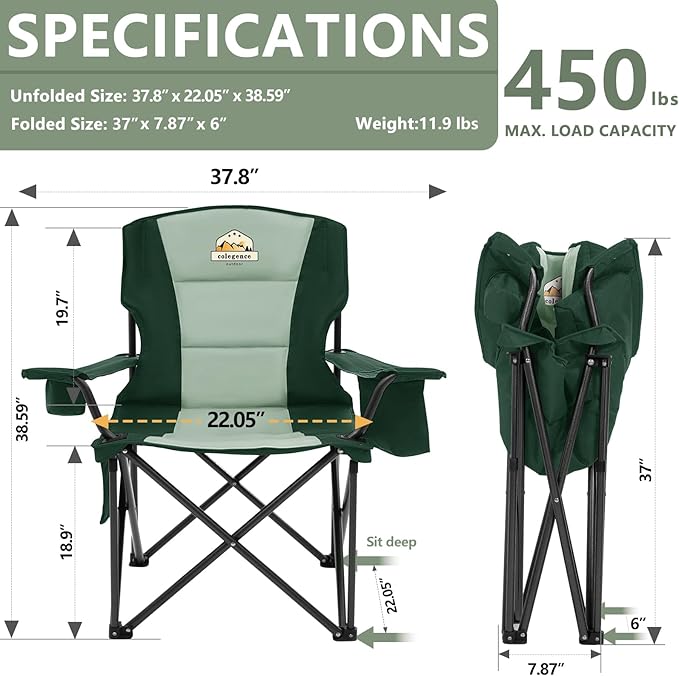 Colegence Heavy Duty Camping Chair for Adults Set of 2, Oversized Heavy People Foldable Padding Outside Camp Chairs, with Cooler Bag Cup Holder, Side Pocket for Lawn,Sport,Outdoor,Dark Green
